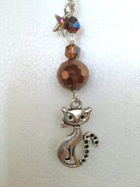 Cat Charm Clip • Brown & Amber Beaded Accessory • Bag or Keychain Charm